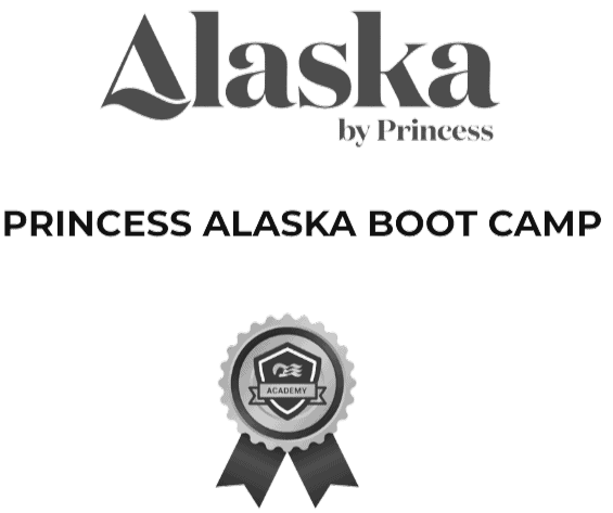 About Alaska Princess Boot Camp logo with badge and ribbon, promoting adventure travel and outdoor activit.
