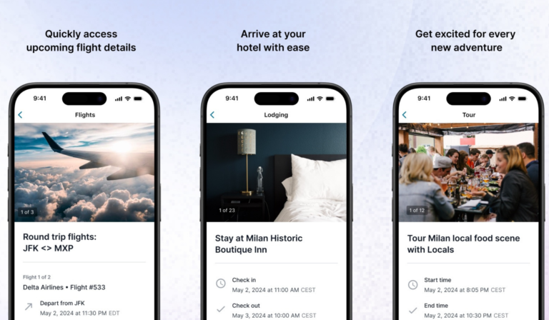 Travel planning app interface showing flight, hotel, and tour booking options.
