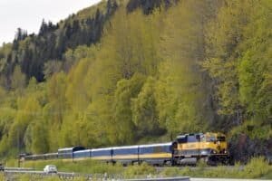 Capturing the iconic Alaska Railroad train traveling through lush forests near Anchorage.