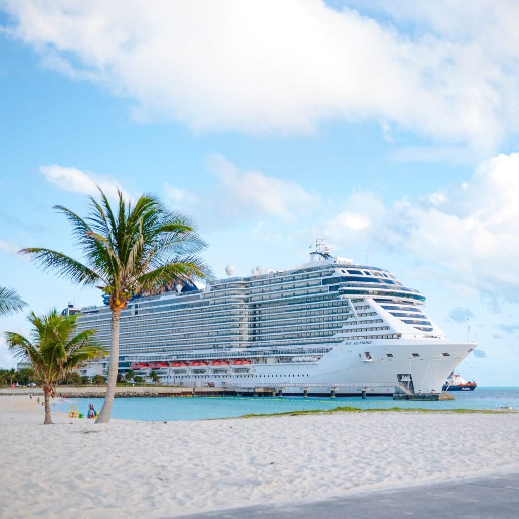 Luxury cruise ship anchored near a sandy beach with palm trees under a blue sky.